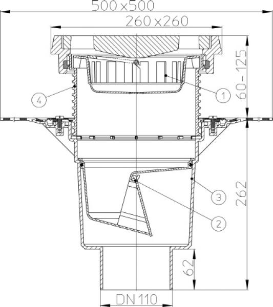 Perfektablauf DN110 senkrecht mit Bitumenmanschette und frostsicherer Geruchsklappe, 260x260mm / Gussrost 226x226mm  HL616.1H/1